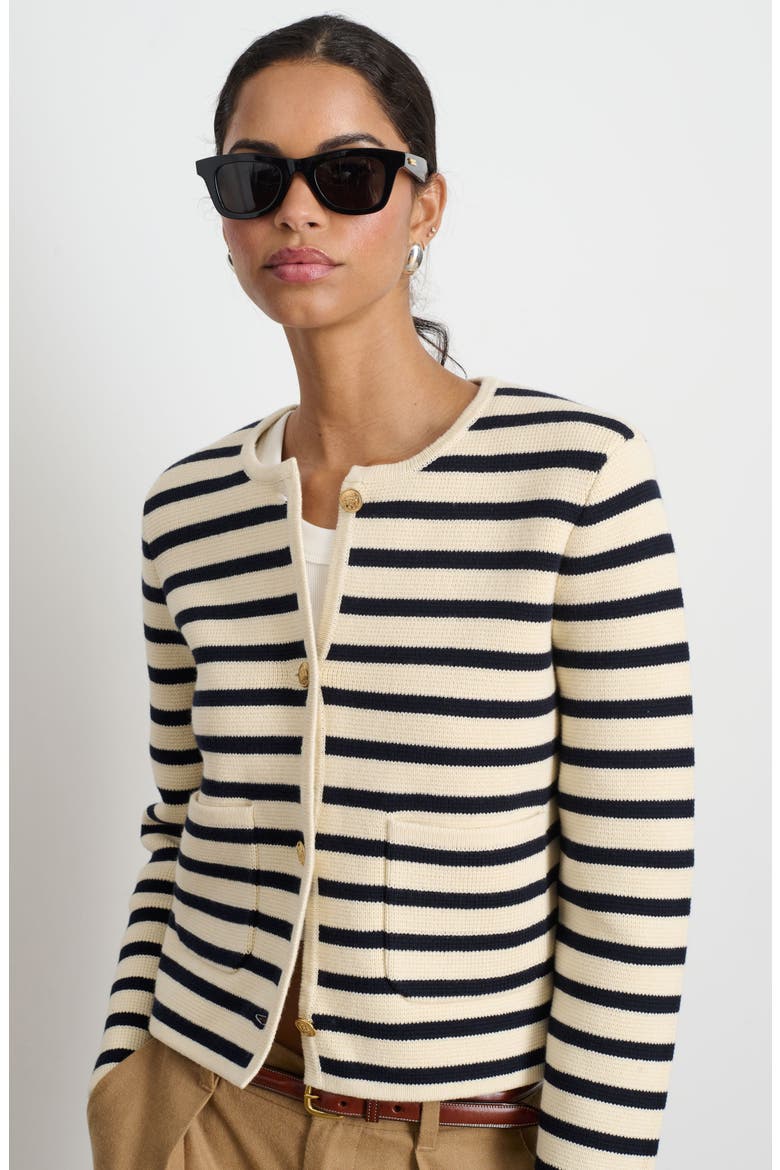 Paris Stripe Cotton & Cashmere Cardigan, Alternate, color, CREAM/ NAVY