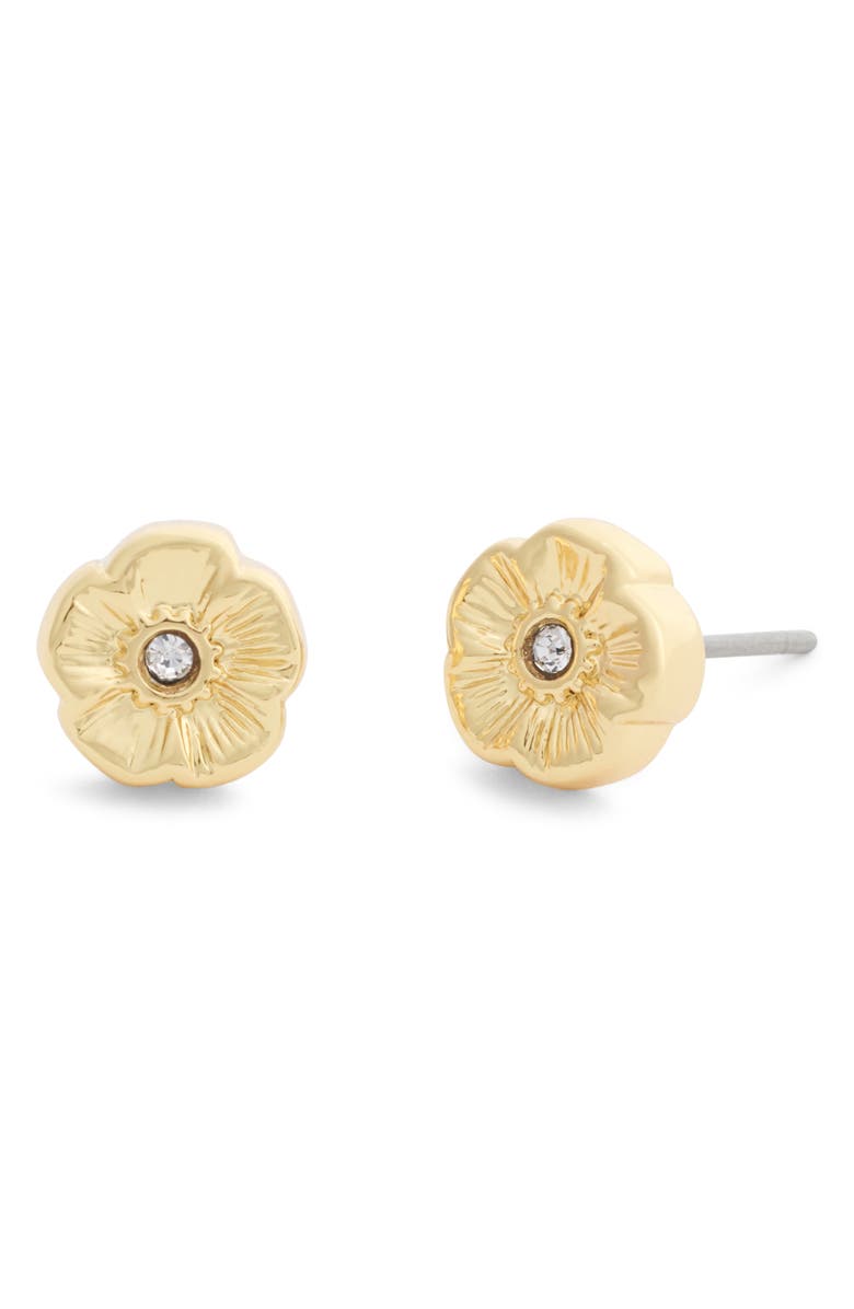 COACH Tea Rose Flower Stud Earrings, Main, color, Shiny Gold
