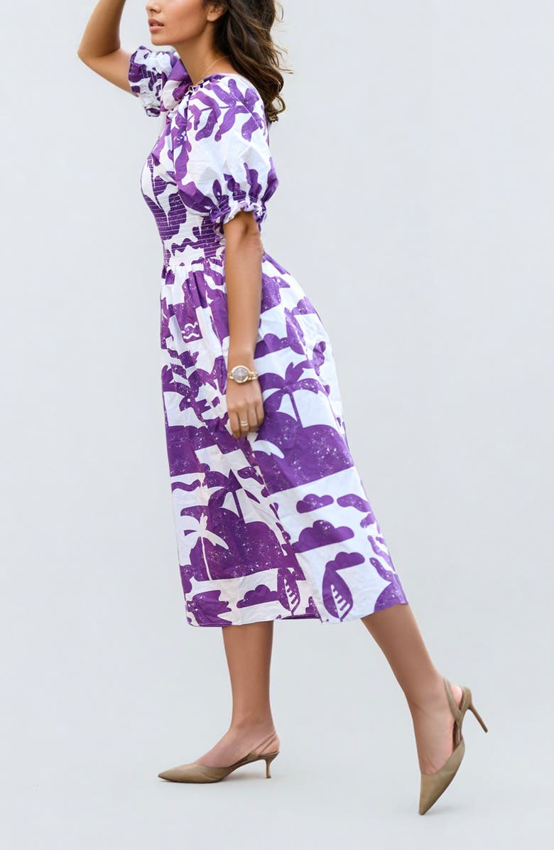 Jessie Zhao New York Malie Smocked Purple Midi Dress, Alternate, color, 