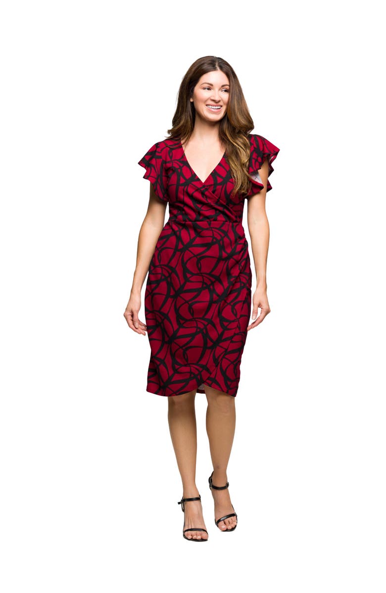 24seven Comfort Apparel Print Flutter Sleeve Faux Wrap Dress, Main, color, Red Multi