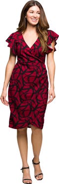 24seven Comfort Apparel Print Flutter Sleeve Faux Wrap Dress