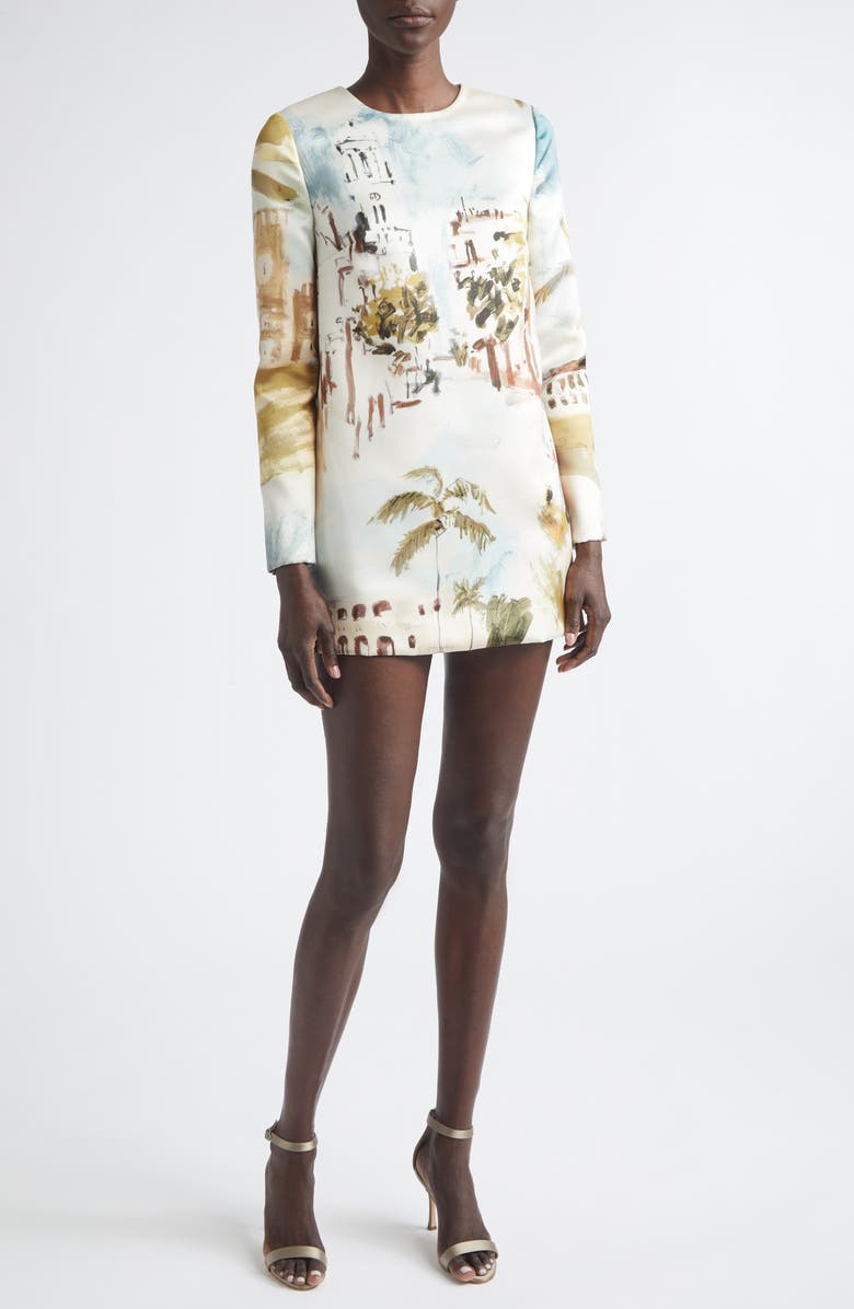 Oscar de la Renta Dominican Landscape Long Sleeve Minidress, Main, color, Blue Green Mult