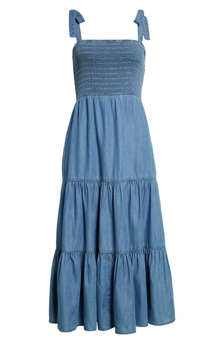 Veronica Beard Tola Tiered Cotton Blend Chambray Midi Sundress, Alternate, color, 