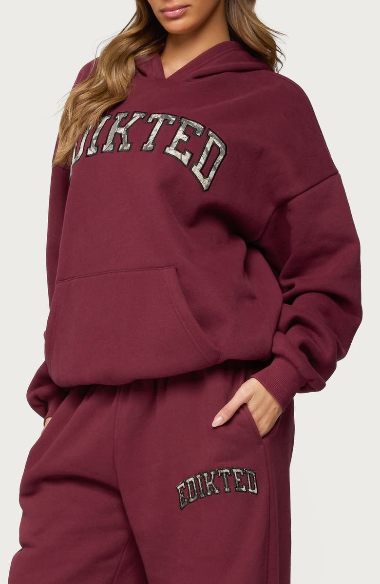 EDIKTED Camo Crush Oversize Fleece Logo Hoodie, Alternate, color, Burgundy