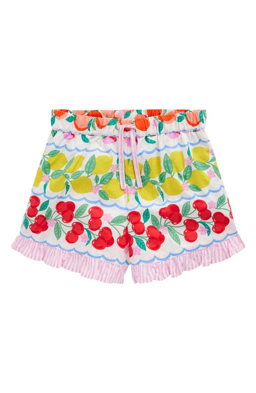 Shop Mini Boden Kids' Juniper Fruit Print Ruffle Cotton Hem Shorts In Rainbow Fruit Stripe