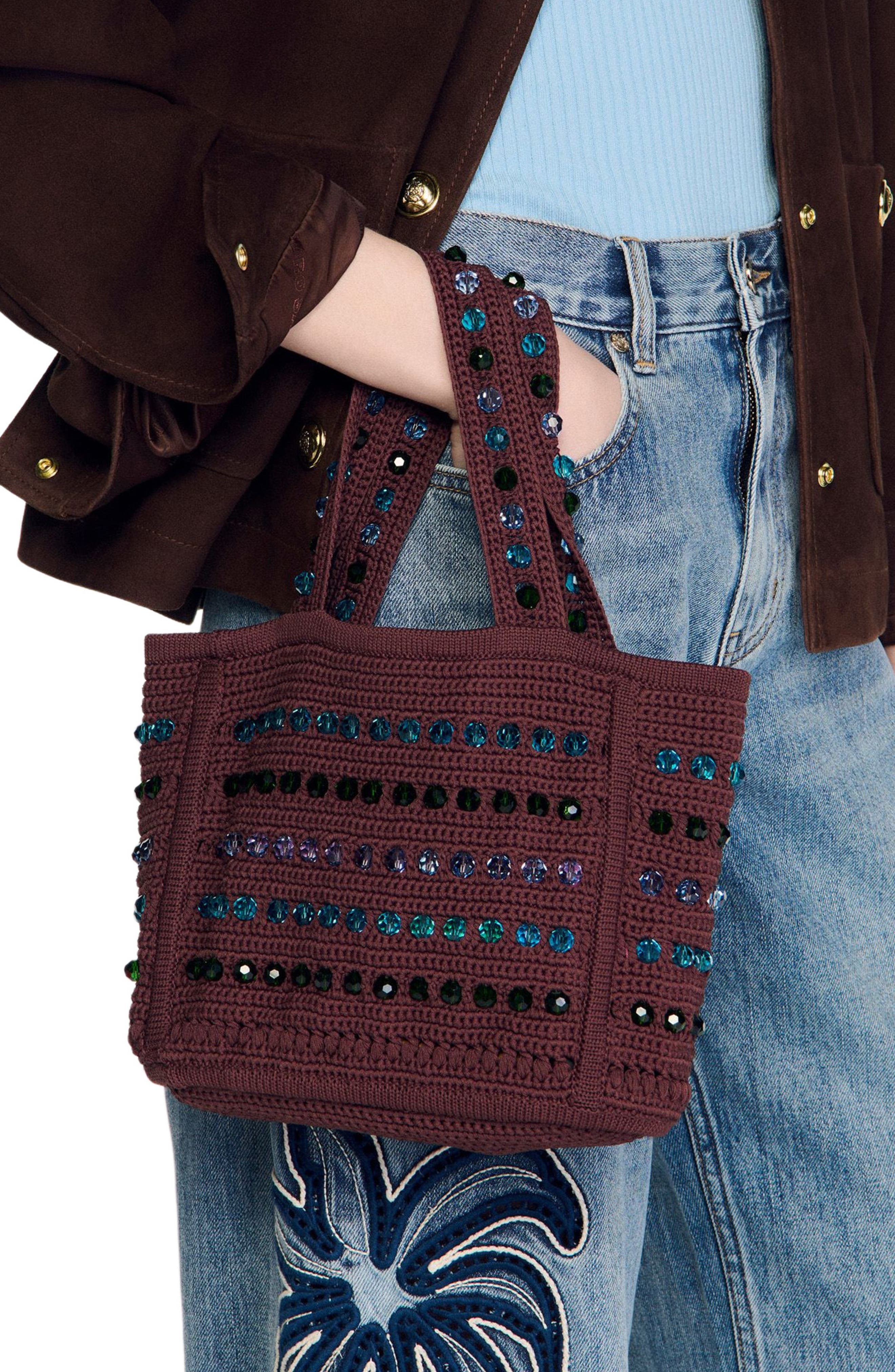 SANDRO Beaded crochet bag, Alternate, color, Brown