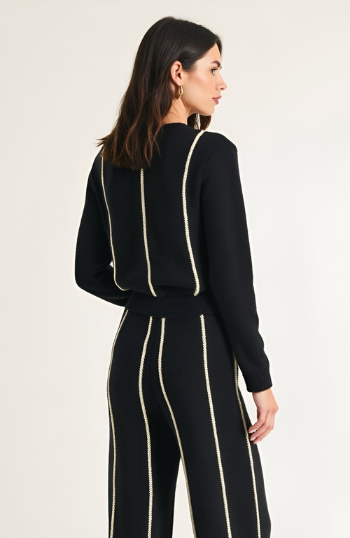 Modenaire Wide Leg Knit Pants With Contrasting Vertical Stripe And Ribbed Waistband In Black