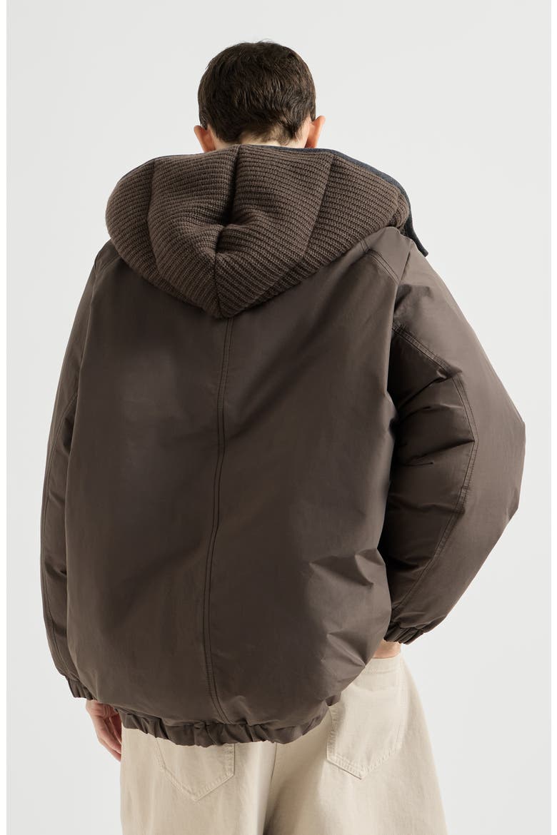 Techno cotton taffeta outerwear jacket with detachable knit hood and shiny zipper pull, Alternate, color, Brown