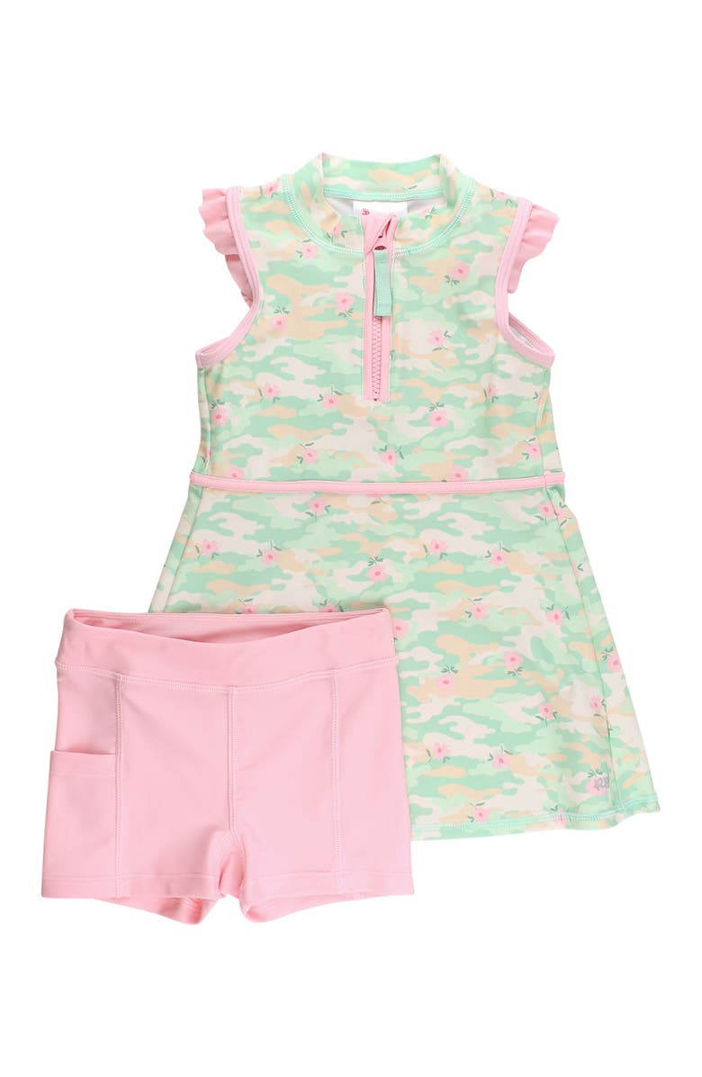 RuffleButts Toddler Girls Sleeveless Zip Ruffle Sleeve UPF50+ Active Dress, Main, color, Sage Blossom Camo