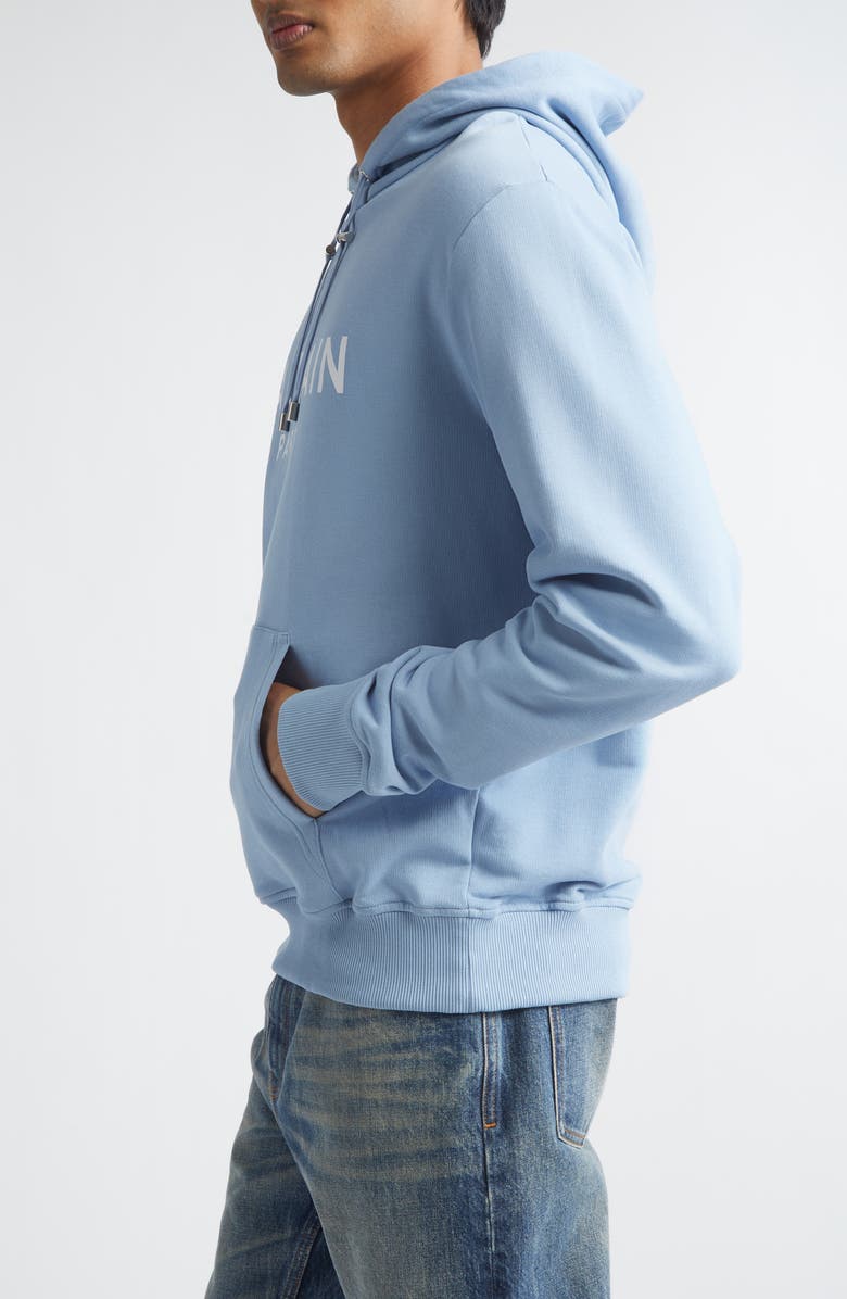 Balmain Organic Cotton Logo Graphic Hoodie, Alternate, color, Slj Pale Blue/ White