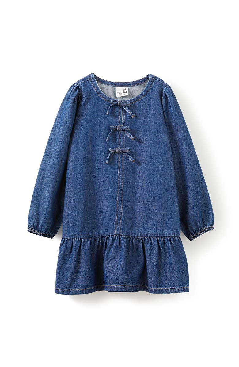 Cotton On Kids Kid's Betty Bow Front Denim Dress, Main, color, Mermaid Midnight Blue
