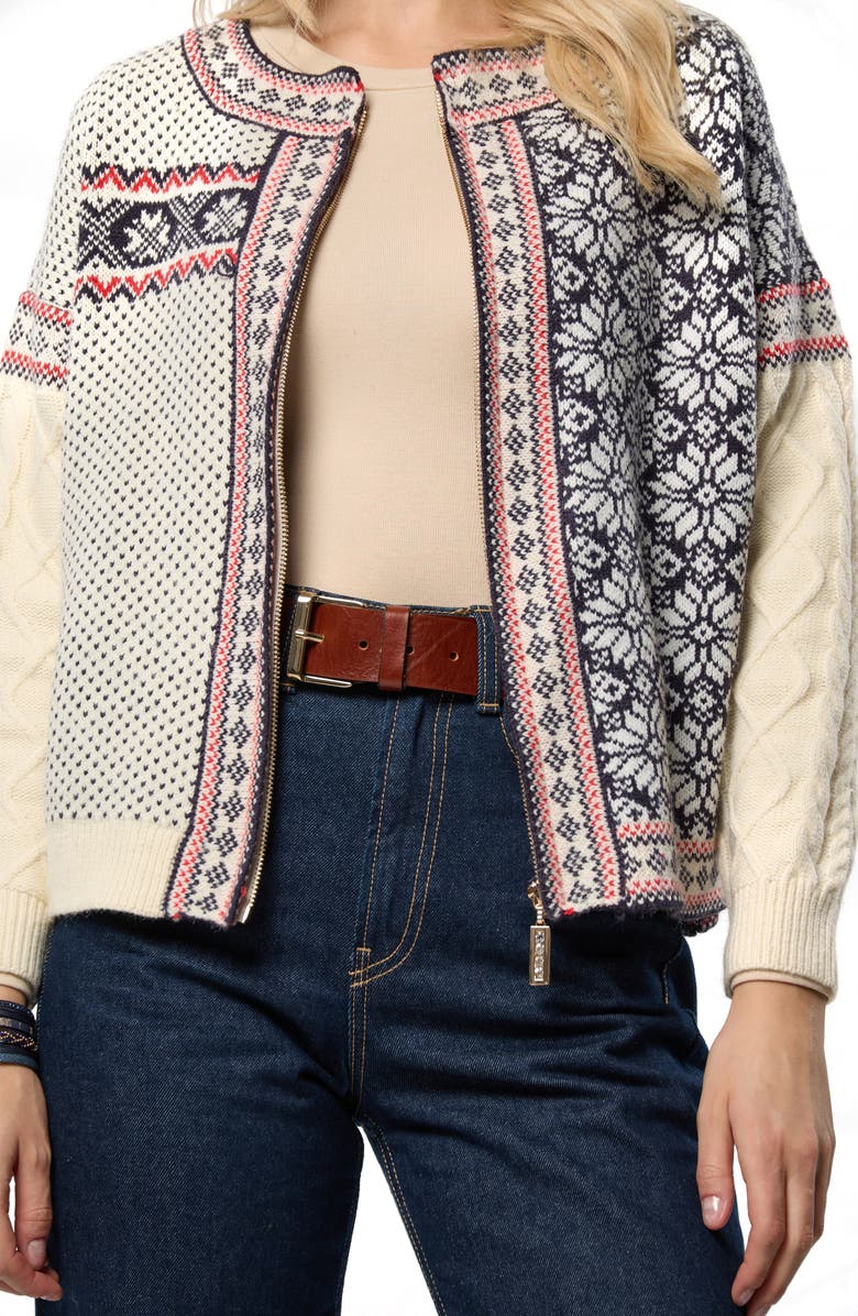 SAACHI Fair Isle Mixed Zip Cardigan, Alternate, color, Ivory
