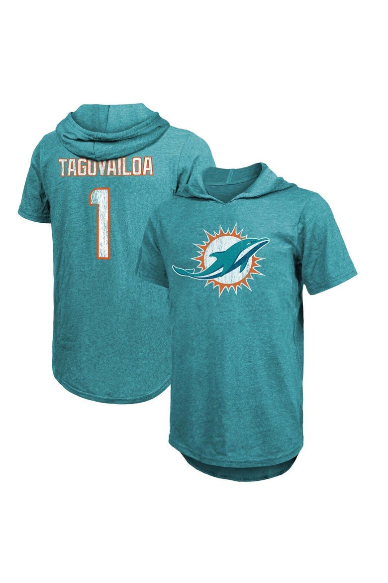 Men's Majestic Threads Tua Tagovailoa Aqua Miami Dolphins Player Name & Number Tri-Blend Slim Fit Hoodie T-Shirt, Main, color, Aqua
