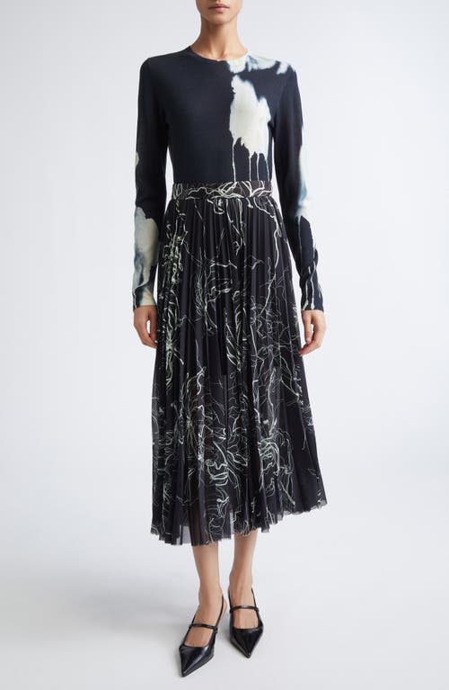 Jason Wu Collection Pleated Scribble Floral Chiffon Midi Skirt In Black