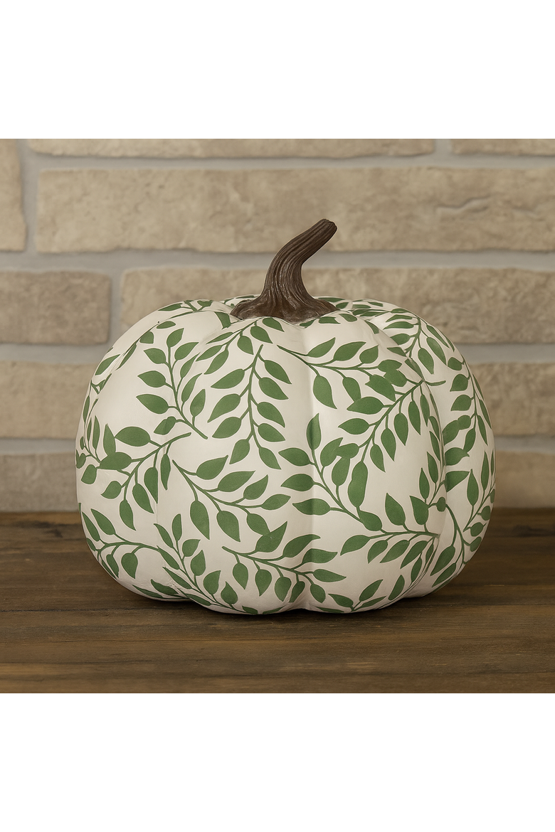 White & Green Botanical Pumpkin Tall Fall Harvest Tabletop Figurine, 6.9" x 7.8", Alternate, color, Green