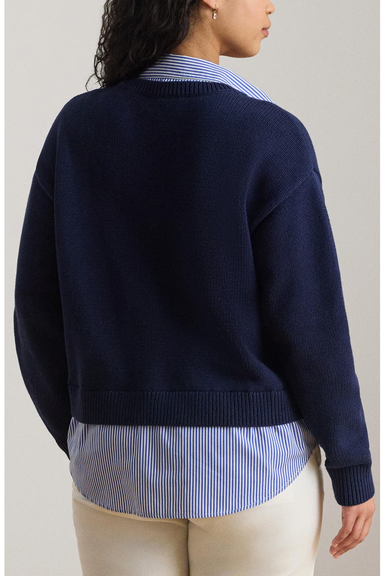 Layered-Look Button Trim Cotton Sweater, Alternate, color, REFINED NAVY BLUE/ MULTI