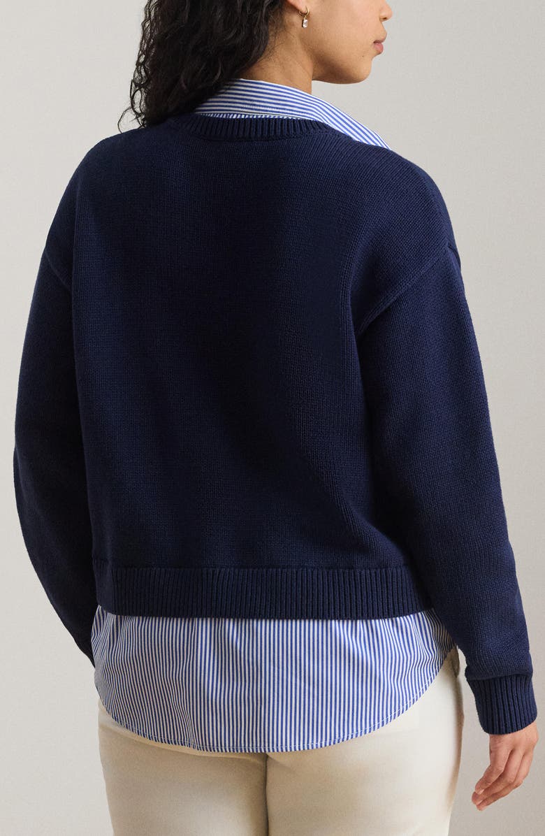 Lauren Ralph Lauren Layered-Look Button Trim Cotton Sweater, Alternate, color, Refined Navy Blue/ Multi