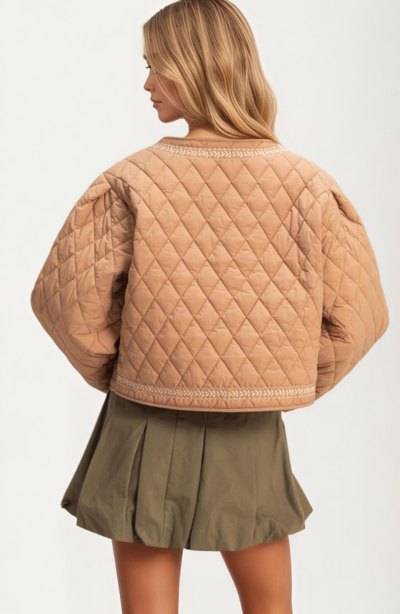 Knit and Lounge Quilted Floral Embroidered Tie Front Jacket, Alternate, color, Tan