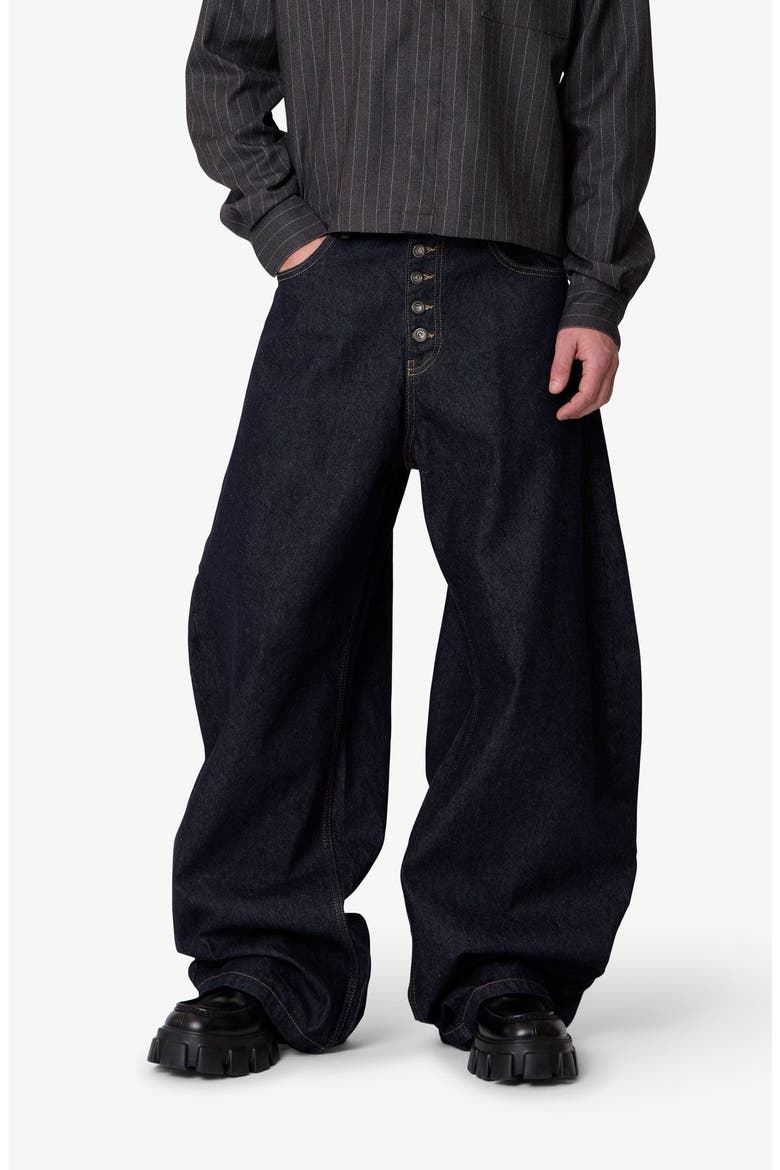 Button Fly Barrel Leg Jeans, Alternate, color, RINSED INDIGO
