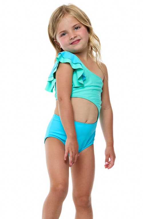 Beach Lingo Kids' Ruffle Asymmetric Cutout Colorblock One-piece Swimsuit In Aquatic