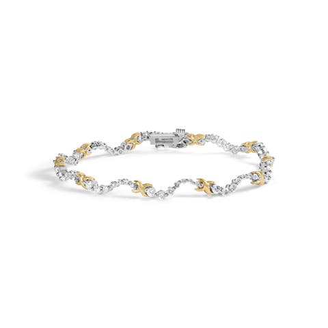 10K Two-Tone 2.00 Cttw Diamond "X" and Wave Link Bracelet - 7" Inches