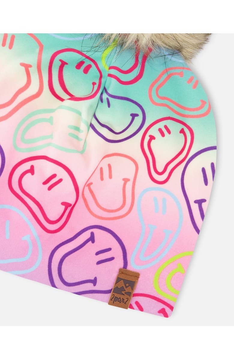 Deux par Deux Stretch Jersey Hat Smileys with Pompom, Alternate, color, Multicolored Printed Smileys