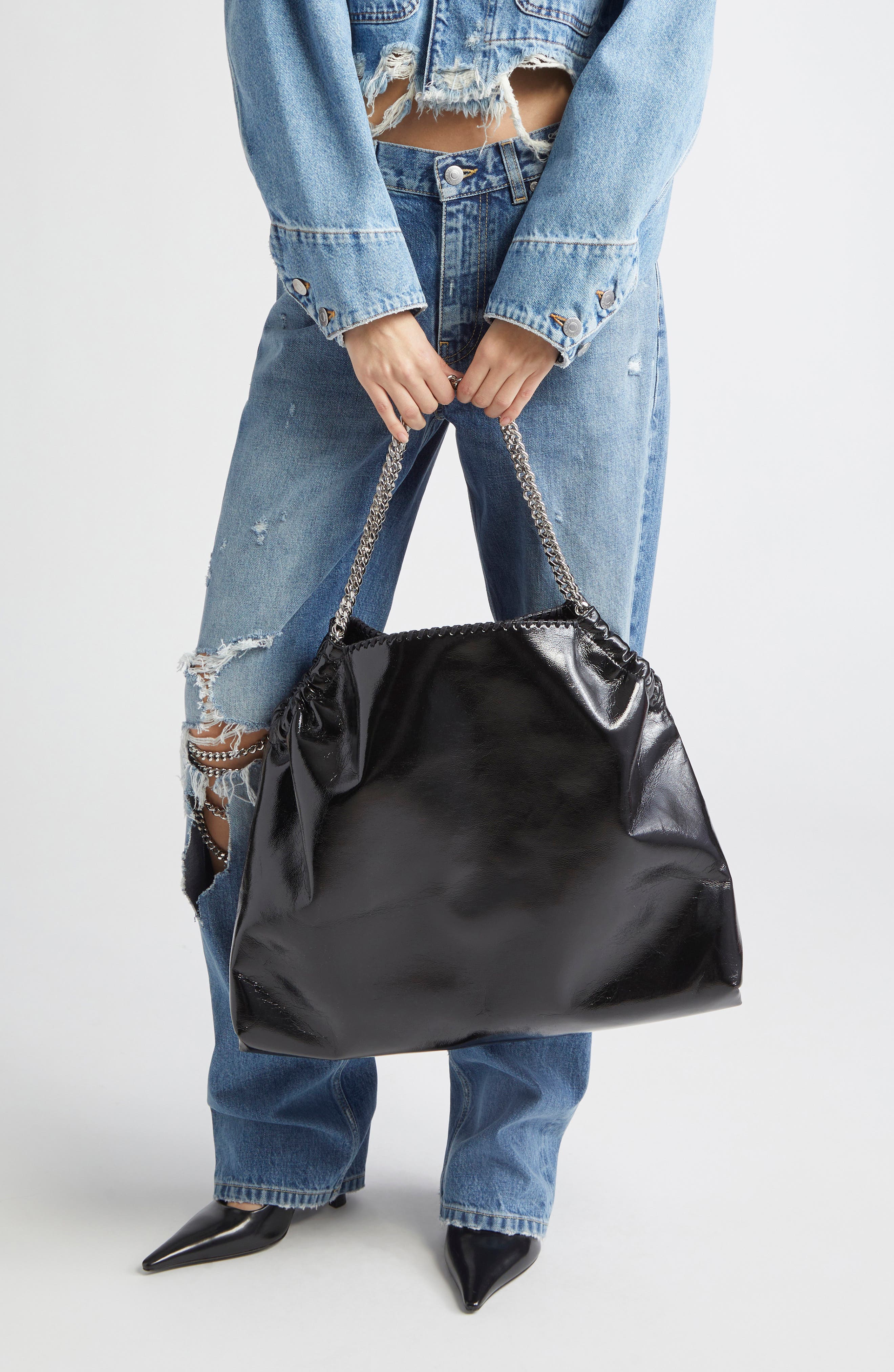 Stella McCartney Falabella Crinkle Patent Drawstring Tote, Alternate, color, 