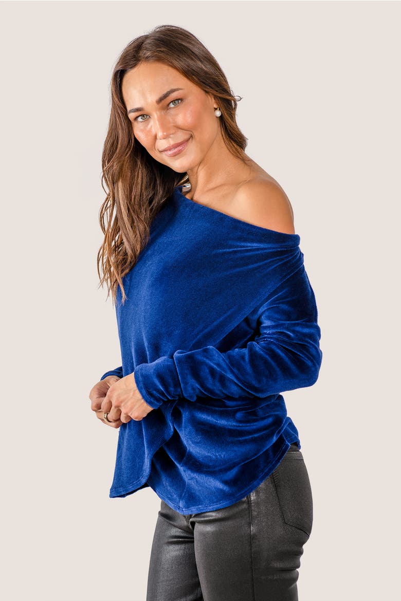 Sweater Weather Built-In Shelf Off-The-Shoulder Velour Long Sleeve Top, Alternate, color, Sapphire