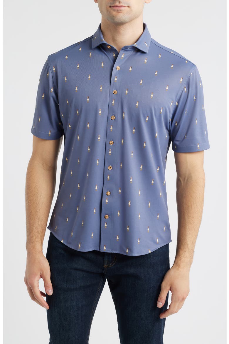 Hula Dance Print Short Sleeve Button-Up Shirt, Main, color, NAVY