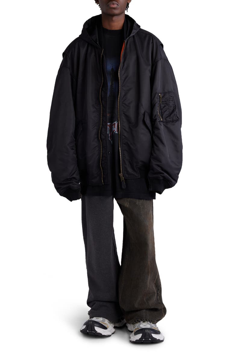 Tape Logo Oversize Hooded Bomber Jacket, Alternate, color, BLACK