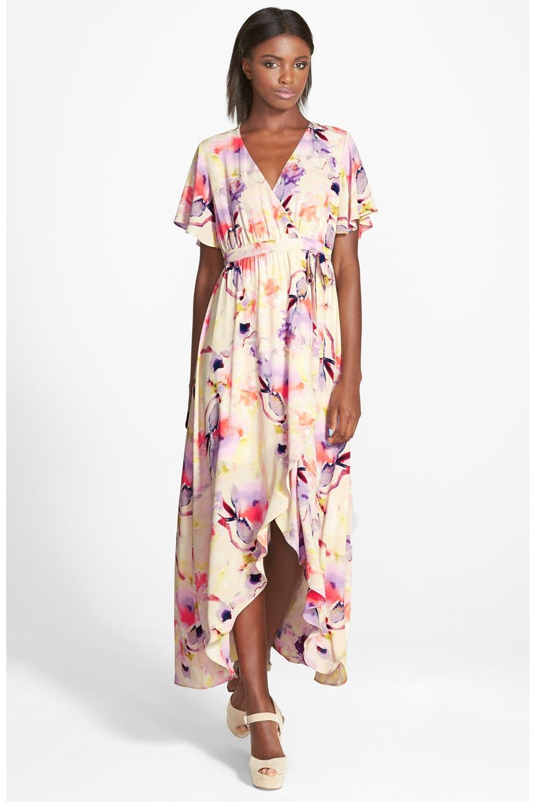 Floral Print High/Low Wrap Dress, Main, color, IVORY