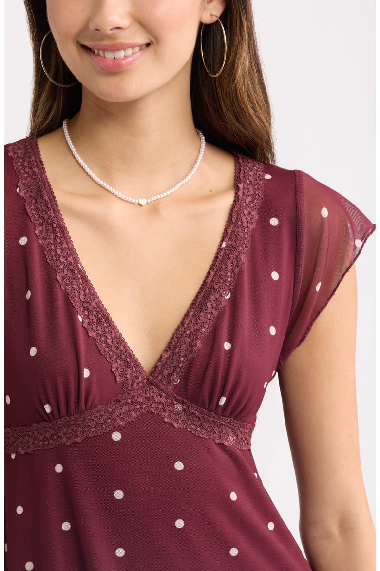 Lace Trim Flutter Sleeve Minidress, Alternate, color, BURGUNDY- IVORY EDEN DOT
