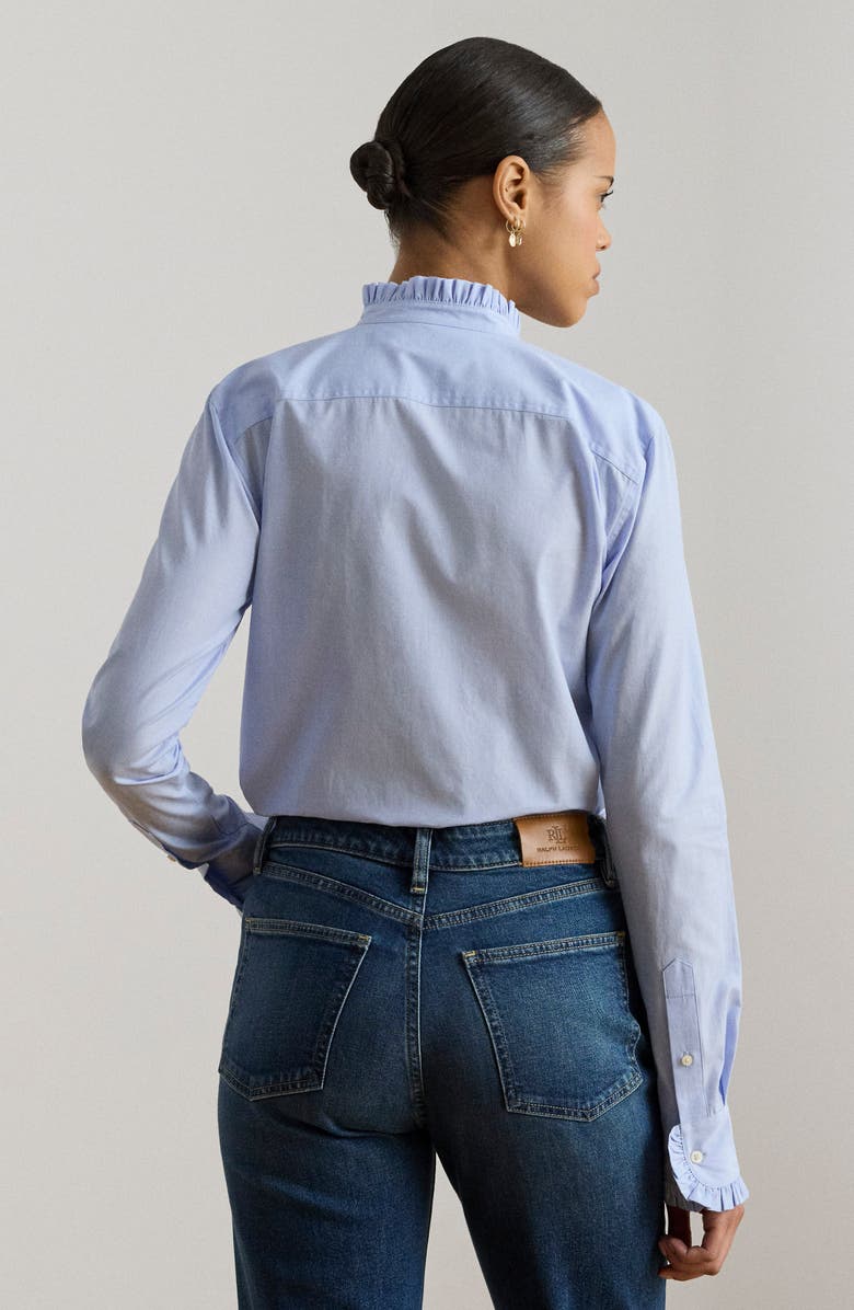 Lauren Ralph Lauren Ruffle Trim Cotton End-on-End Button-Up Shirt, Alternate, color, Light Sky Blue