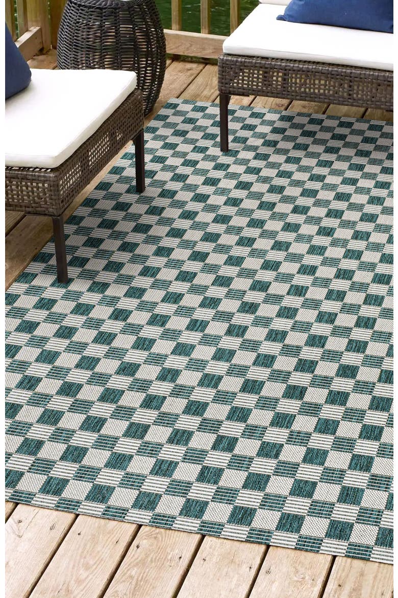 Aimee Traditional Cottage Checkerboard Indoor/Outdoor Area Rug, Alternate, color, Turquoise/Cream