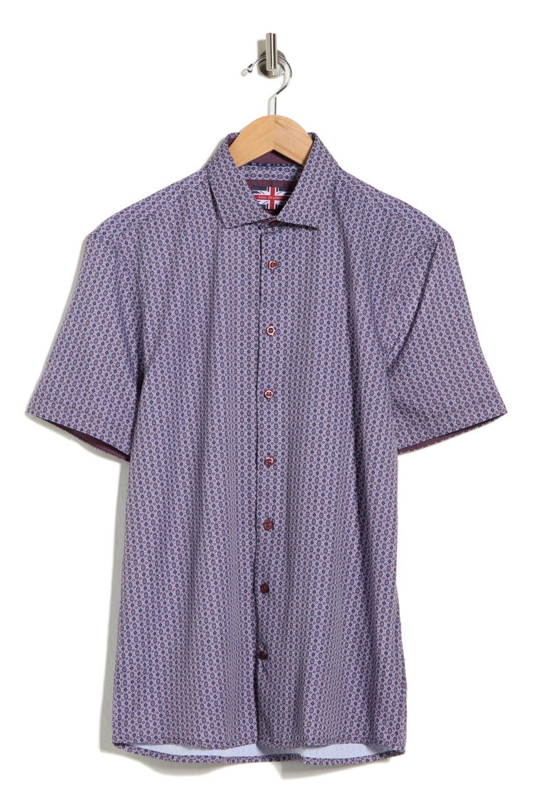 Geometric Print Microfiber Short Sleeve Sport Shirt, Alternate, color, BURGUNDY