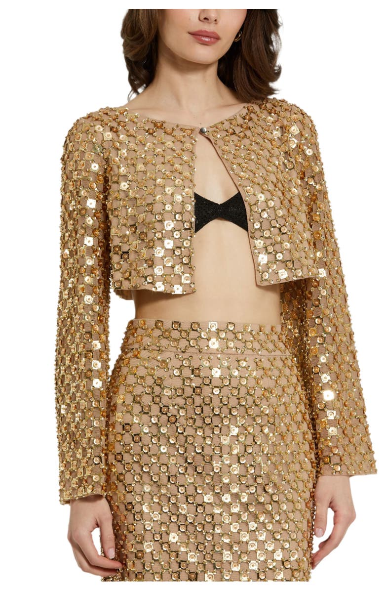 Mac Duggal Beaded Sequin Georgette Long Sleeve Cardigan, Main, color,