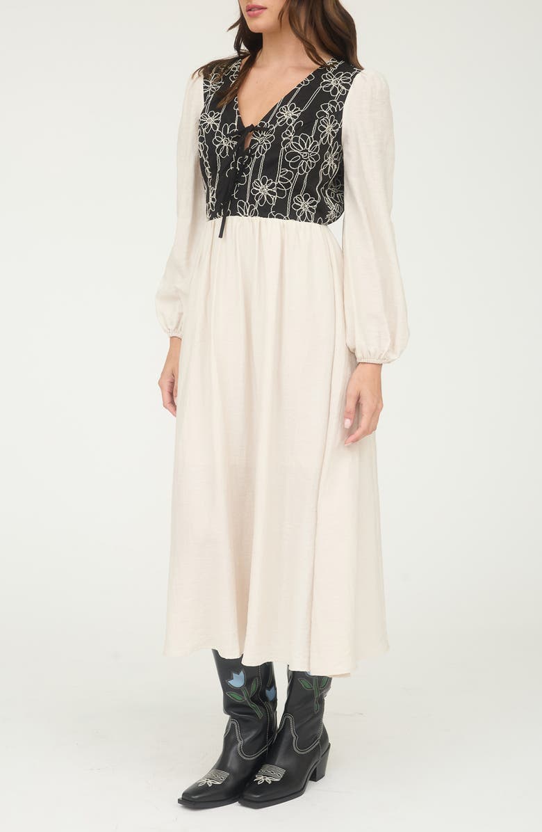 Blu Pepper Floral Embroidered Long Sleeve Midi Dress, Alternate, color, Black