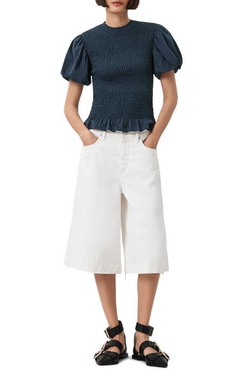 Allsaints Womens Midnight Blue Dael Puff-sleeve Slim-fit Smocked Stretch-woven Top Xs In Blue