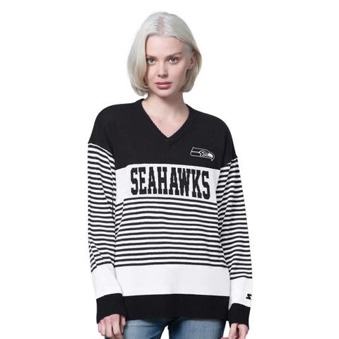 Women's Starter Black Seattle Seahawks No Huddle Striped V-Neck Sweater