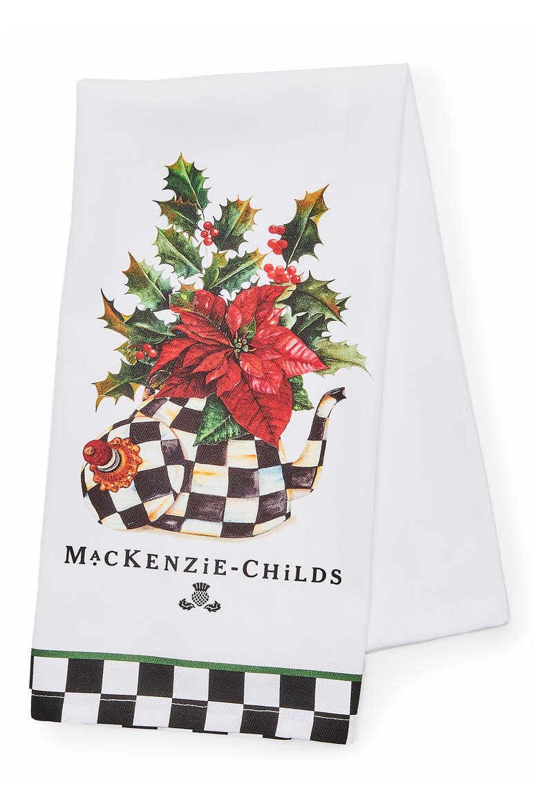 Poinsettia Tea Kettle Dish Towel, Main, color, WHITE