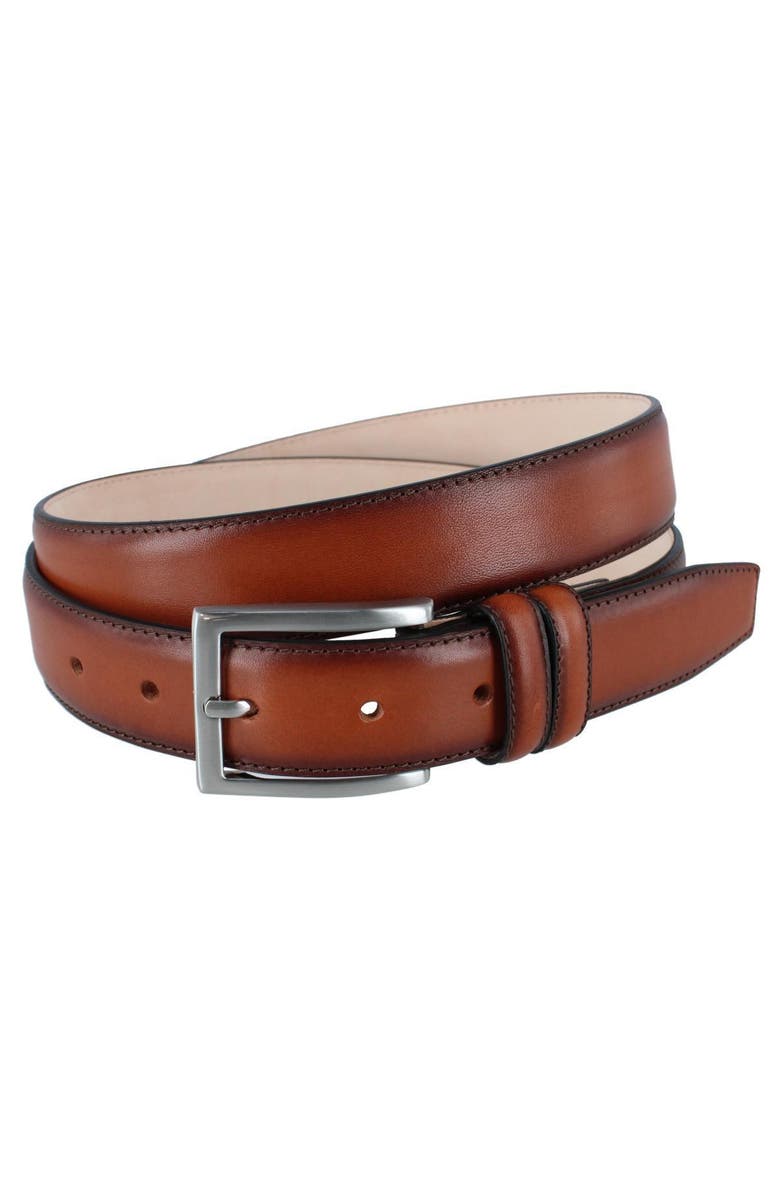 Trafalgar Malik Burnished Feather Edged 32mm Leather Belt, Main, color, Brown