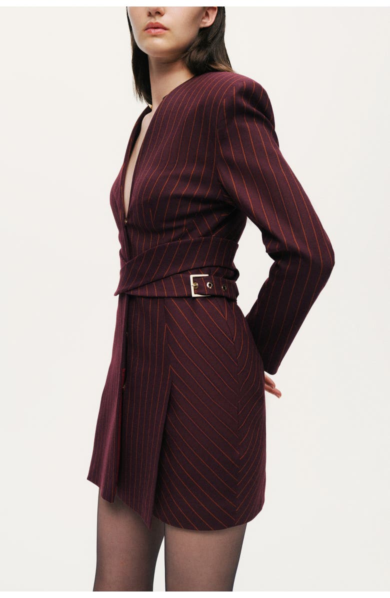 Nocturne Tailored Pinstripe Wrap-Waist Mini Dress, Alternate, color, Burgundy