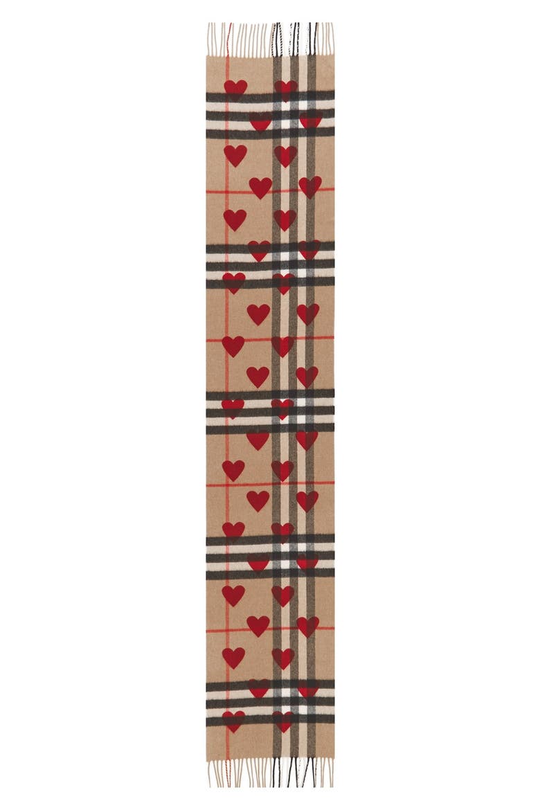 Heart & Giant Check Fringed Cashmere Scarf, Alternate, color, PARADE RED