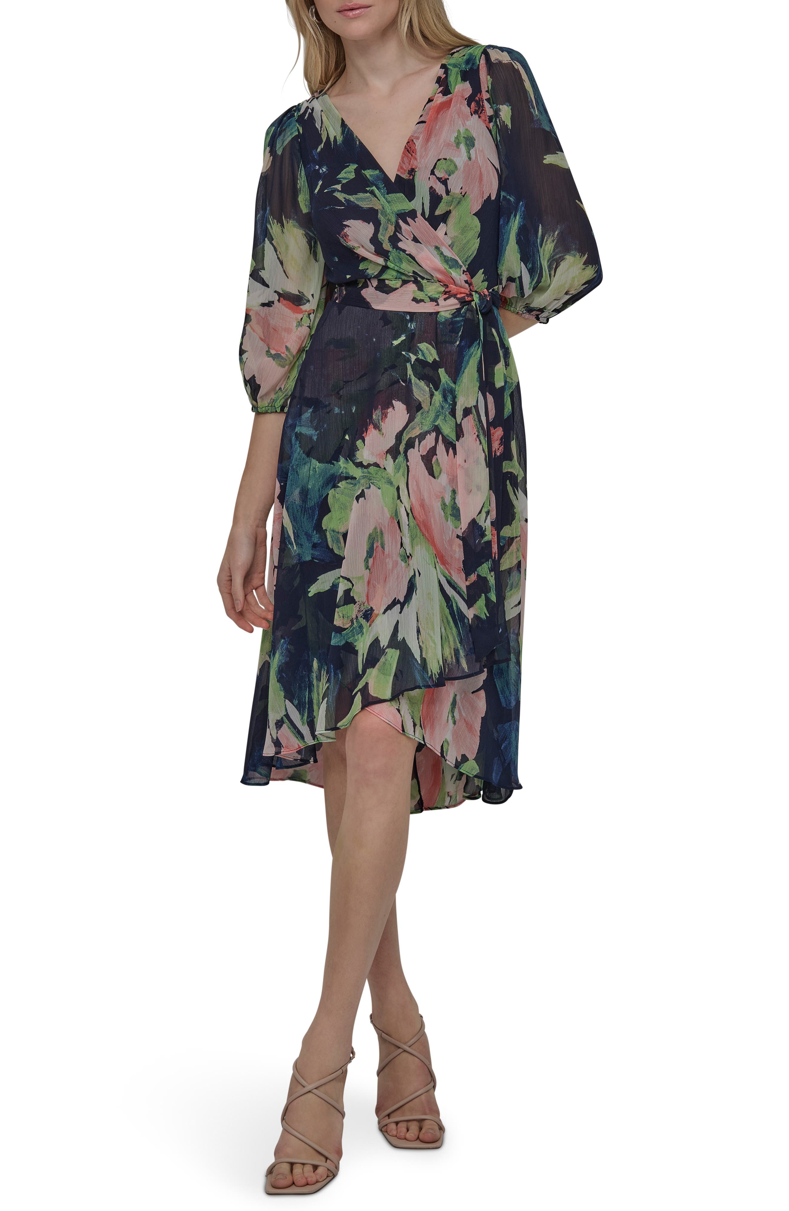 DKNY Floral Balloon Sleeve Faux Wrap Midi Dress