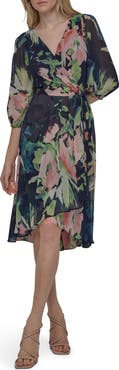 DKNY Floral Balloon Sleeve Faux Wrap Midi Dress