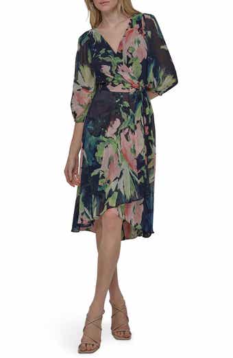 DKNY Floral Balloon Sleeve Faux Wrap Midi Dress