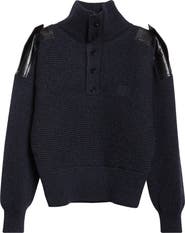 Burberry Leather Trim Rib Wool Blend Turtleneck Sweater