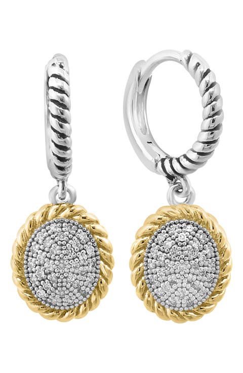 Two-Tone Pavé Diamond Disc Drop Huggie Hoop Earrings