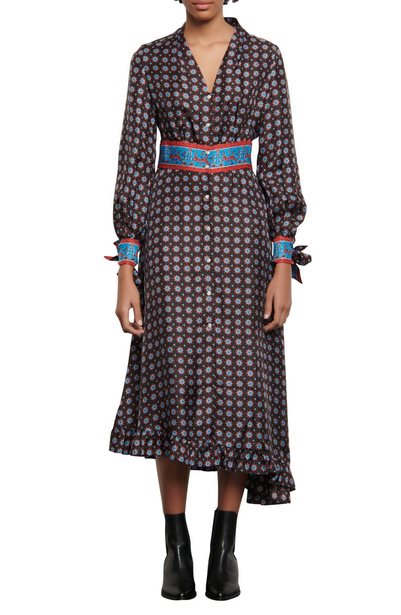 SANDRO Catlyn Mix Print Long Sleeve Silk Shirtdress, Main, color, 