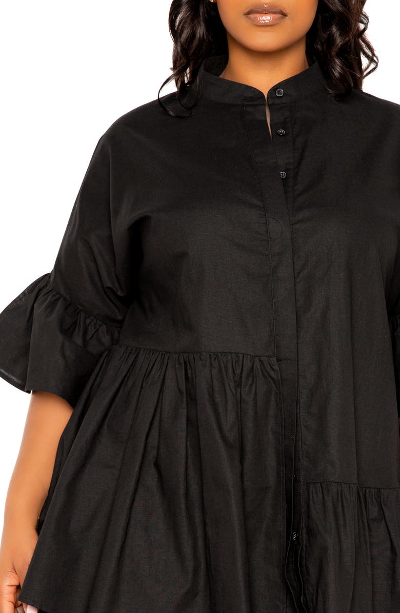 BUXOM COUTURE Flutter Sleeve Cotton & Linen Shift Dress, Alternate, color, Black